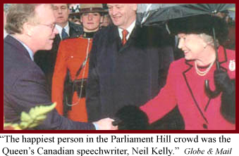 Picture of Neil Kelly, Queen's creative speech writer, shaking hands with the prime minister in the back. 